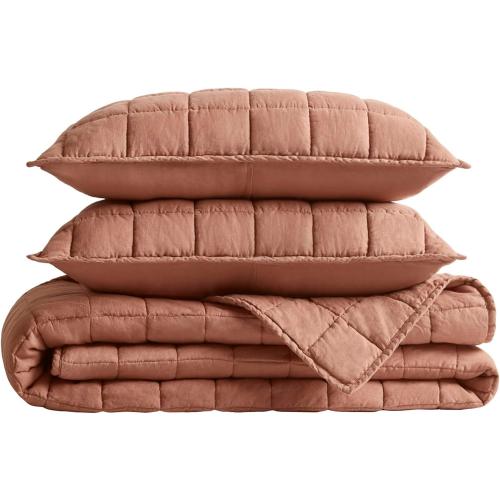 Harbor House French Flax Linen Garment Washed Quilt Set – 100% Linen Front & Back, All-Season, Breathable & Temperature-Regulating, Box Quilted, Includes Shams, King 108 x 92, Clay