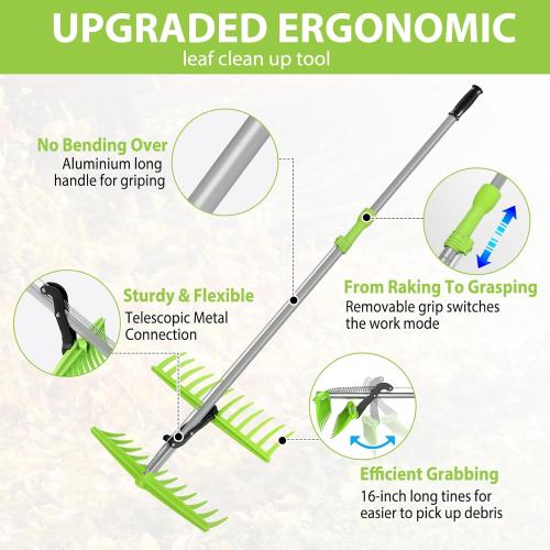 2-in-1 Leaf Grabber Rake, Back Saving Leaf Collector Tool with Long Handle, Efficient Leaf Picker Upper Grabber, Leaves Pickup Shovel for Lawns Yard Work Gardening