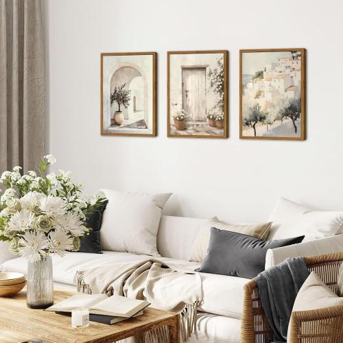 Framed Vintage Italian Wall Art Set of 3, Rustic Neutral Olive Tree Pictures Wall Decor, Mediterranean Farmhouse Landscape Paintings Canvas Prints Country Home Decor for Living Room Bedroom 16x24 inch