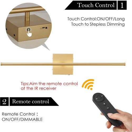 KARTOOSH Battery Operated Wall Sconces with Remote Control, Dimmable Wall Sconces Set of Two, 350°Rotate, 3000K LED Gold Wireless Wall Light for Living Room, Hallway, Bedroom, 28.3 Inch (2 Pack)