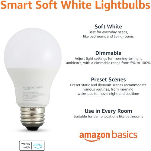 Amazon Basics Smart A19 LED Light Bulb, Dimmable Soft White (2700K), 9W (60W Equivalent), 800LM, Works with Alexa Only, 2.4 GHz Wi-Fi, No Hub Required, 4 Pack