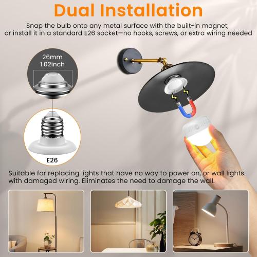 SCOPOW 1PC Rechargeable Light Bulbs with Remote Control Timer and 3 Color Temperature Rechargeable Battery Operated Light Bulb (5W E26 3Colors 1PC)