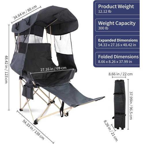 Folding Camping Chairs Canopy Outdoor: Sports Portable Beach Chair with Canopy-Lawn Beach Chairs with Umbrella for Adults-Camping Chair with Shade for Fishing Camp Heavy Duty (Casual, Grey)