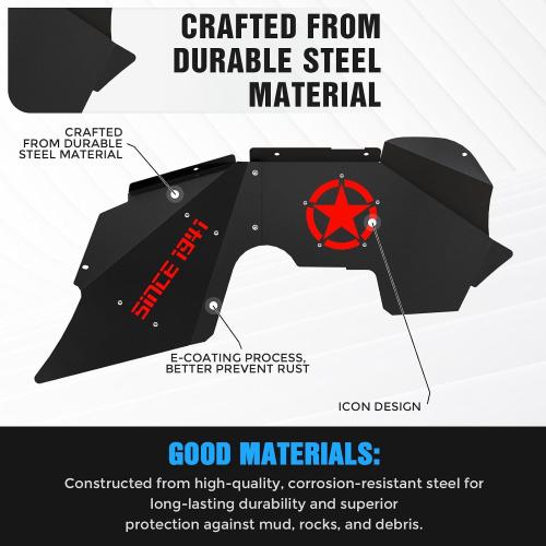Front Inner Fender Liners Compatible with 07-18 Wrangler JK & JKU Unlimited Sport Sahara Rubicon, Bolt-on Style Wheel Well Cover Steel Mud Guards Fenders Flares (2/4 Doors) (Since 1941)