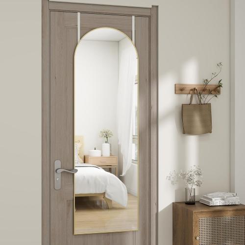 Arched Full Length Door Mirror 14x48, Metal Frame with Protective Film, No-Drilling Hanging or Wall Mount, Hooks & Hardware Included, Full Body Mirror for Bedroom, Dorm, Gold