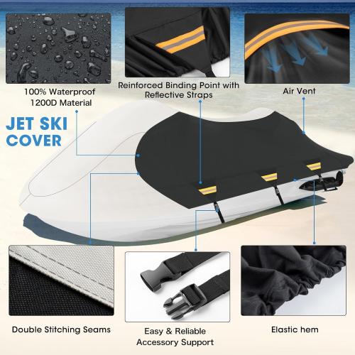 Grey and Black Solim Trailerable Jet Ski Cover, 1200D PU Oxford Waterproof Jetski Cover, Heavy Duty Marine Grade Polyester PWC Cover with Reflective Air Vent & Strap for Yamaha Sea-Doo Kawasaki 2-3 Seater