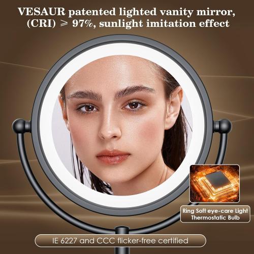 VESAUR Professional 8.5 Lighted Makeup Mirror, 1X/10X Double Sided HD Undistorted Magnifying Mirror with 3 Color 90 Dimmable LED lights, 360° Rotation Vanity Mirror, Unique Black Nickel with Gift Box