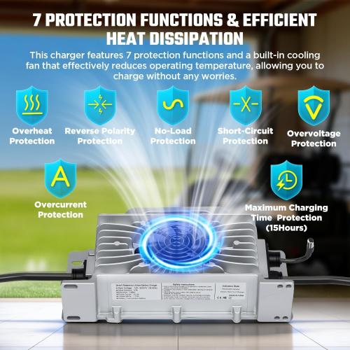 36V 25A Lithium Battery Charger 1250W Fast Charging & 0V Wake Up with 2 Mounting Ways, IP67 Waterproof 43.8V LiFePO4 Charger, Efficiency ≥ 94%, for 36V(38.4V) Golf Cart/Trolling Motor/RV/Boat Battery