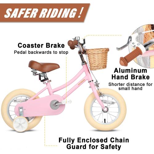 Petimini Vintage Kids Bike for Girls, 12–20 Inch Classic Bicycle with Wicker Basket & Bell, High Tensile Steel Frame, Training Wheels (12–18”), 85% Pre-Assembled, Retro Bike for Outdoor Riding