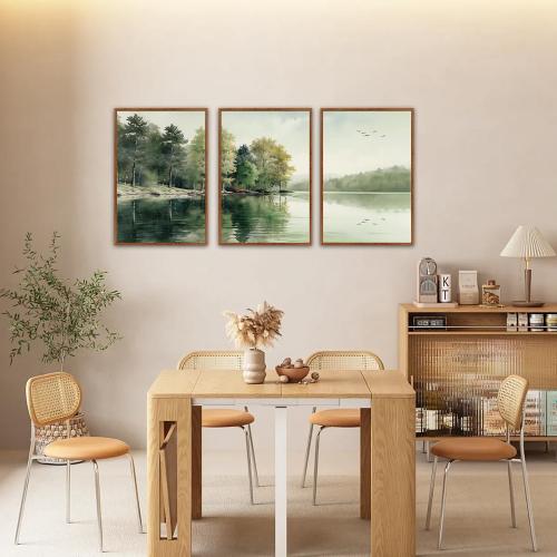 KAIRNE Framed Nature Canvas Wall Art Set,Misty Forest Wall Decor,Green Mountain Forest Pictures,Lake Water Painting set of 3(24”x36”),Landscape Scene Print for Living Room, Bedroom,Gallery Decor