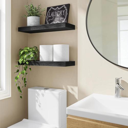 Fixwal Floating Shelves for Wall, 15.7 Wood Wall Mounted Shelves for Living Room, Bedroom, Bathroom and Kitchen, for Storage, Books, Room Decor (Black, Set of 2)