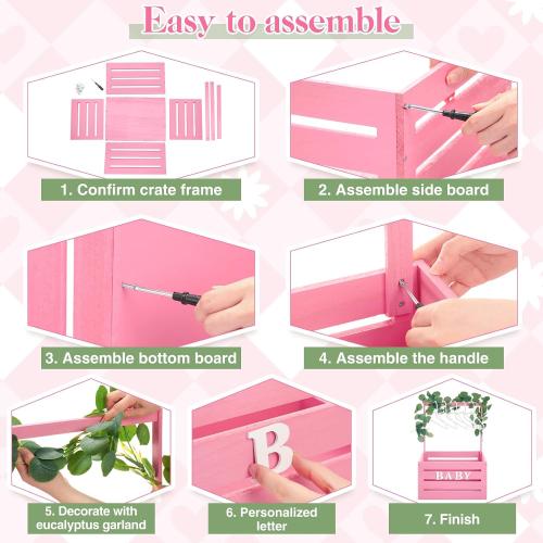 Barydat Wooden Baby Shower Crate Closet, Baby Basket with Handle, Personalized Basket Gifts, Easy Assembly Baskets for Newborn Boy Girl Welcome Gift for New Mom Parents(Pink)