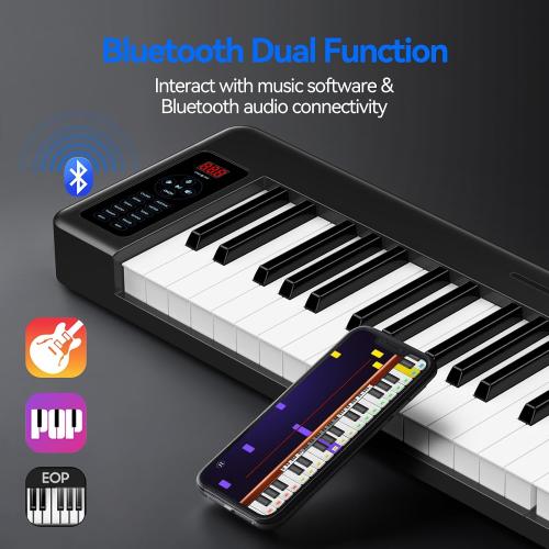 Rhymo Folding Piano Keyboard, 61 Keys Sensitive Electric Piano, Weighted Portable Electric Keyboards with Bluetooth MIDI, Digital Foldable Keyboard for Beginner (Black)