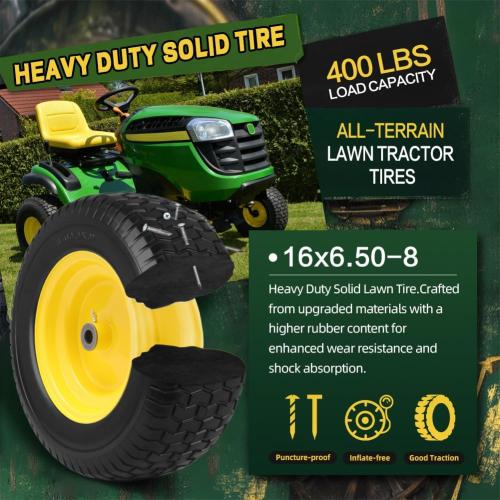16x6.50-8 Tire and Wheel Assembly (2 Pack),Flat Free Lawn Mower Tires with Rim, Solid Rubber Riding Lawn Mower Tires and Wheels,3 Offset Hub,3/4 Bushings,16x6.5-8 Tractor Turf Tire(Yellow)