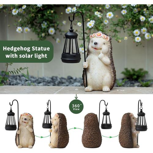 Garden Hedgehog Gnome Statue Decorations - Solar Resin Hedgehog with Solar Garden Lights Outdoor Decorations for Patio,Yard,Lawn,