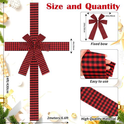 FOIMAS Christmas Cabinet Door Ribbon Bow 14inch Large Buffalo Plaid Door Ribbon Bows for Xmas Front Door Cabinet Home Decoration, Red and Black