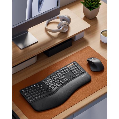 ProtoArc EKM01 Plus Wireless Ergonomic Keyboard Mouse Combo - Black | Full-size Split Keyboard with Cushioned Wrist Rest, Ergonomic Mouse, 3-Device Bluetooth/2.4G, USB-C Rechargeable