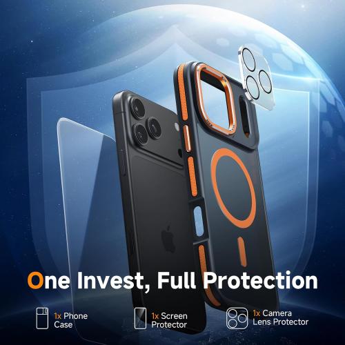 Magnetic 3 in 1 for iPhone 17 Pro Case, [Omni-Directional Protection] with 1x Screen Protector   1x Camera Cover, [Seamless Work with Magsafe] Shockproof Slim Thin Case for iPhone 17 Pro Cosmic Orange