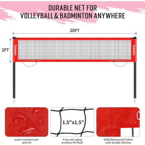 RED AND BLACK 20ft Outdoor Volleyball & Badminton Combo Net Set for Backyard Beach with Adjustable Poles, Durable Anti-Sag Net, PU Volleyball, 2 Aluminum Rackets