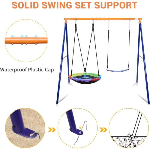 Swing Set for Backyard, 440lbs Swing Set with Heavy-Duty A-Frame Metal Stand, 1 Saucer Swing Seat & 1 Belt Swings Seat