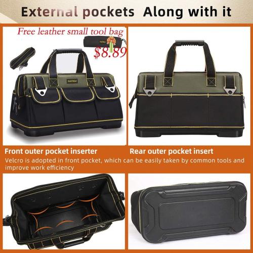 Size 22-inch Color Green and Black Wide Mouth Tool Bag with Water Proof Molded Base，Wide Mouth Tool Tote Bag,Waterproof Tool Organizer Bag for Men with Adjustable Shoulder Strap (22 inch)