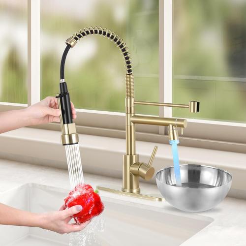 KZH Kitchen Faucet with Pull Down Sprayer Commercial Single Handle Stainless Steel Two Spout Kitchen Sink Faucet with LED Light, Deck Plate, Brushed Gold