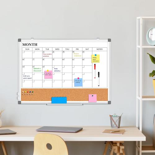 Monthly Calendar Whiteboard Dry Erase Cork Board Combo for Wall, 24 x 18 Double-Sided Calendar White Board and Bulletin Board, Portable Board for Office, Kitchen, School, Home