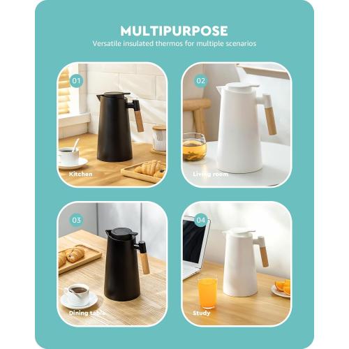 White 1L Baffect Thermal Carafe, 34oz Thermal Vacuum Carafe with Glass Liner and Wood Handle Insulated Coffee Carafe for Coffee Tea Hot or Cold Drinks(1 Liter, White)
