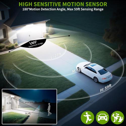 38W 7500LM LED Security Lights Outdoor with Remote Control, 6500K Motion Sensor Flood Light, 3 Modes, IP65 Waterproof, Dusk to Dawn 3-Head Floodlight Fixture for Garage, Yard, Porch (White)