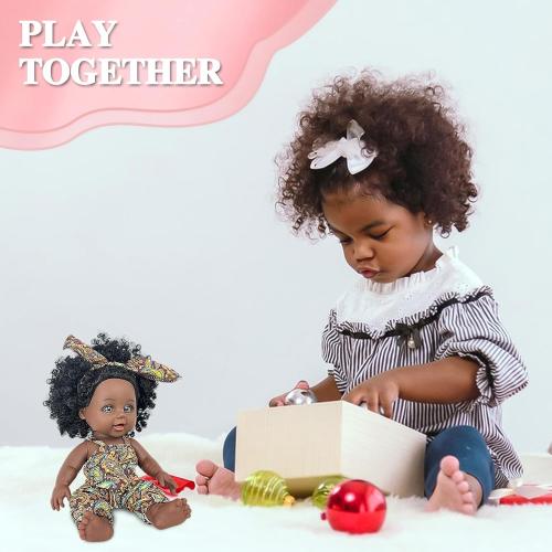 Nice2you Black Baby Doll, 10 inch American African Girl Doll with Dress, Realistic Reborn for Kids Aged 2 3 4 5 6, Silicone Small Toy Curly Hair Birthday Gift, Brown, BD-1