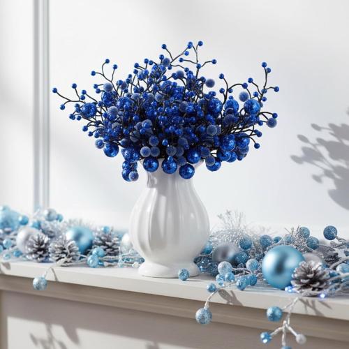 Syhood 12 Pack 11.8 Inch Valentines Glitter Holly Berries Stems Artificial Frosted Berries Picks for Christmas Tree Garland Wreaths Vase Fillers DIY Crafts Holiday Wedding Home Decor(Royal Blue)