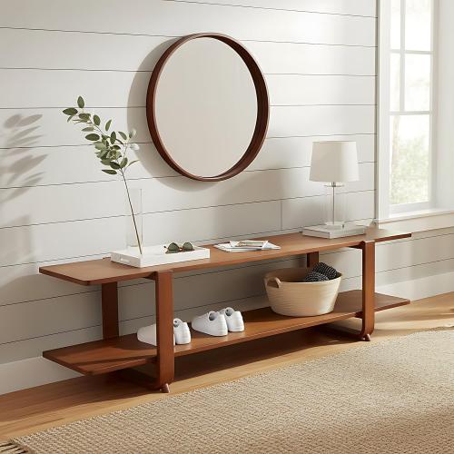 Welnow Low Bamboo TV Stand for 65 Inch TV, 2-Tier Open Shelves, Walnut | Modern Entertainment Center,Open Shelf for Gaming Consoles and Soundbar,Media Console Table for Living Room, Bedroom