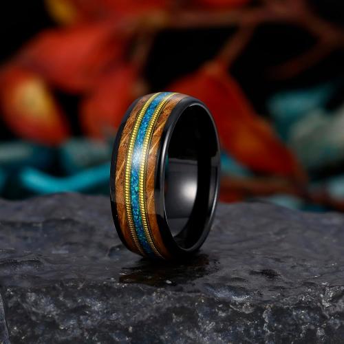 8mm Tungsten Rings for Men Black/Rose Gold Plated Men's Wedding Promise Bands with Meteorite/Dinosaur Bone/Opal/Wood/Guitar String Inlaid Hammer/Domed Polished Comfort Fit Size 7-14