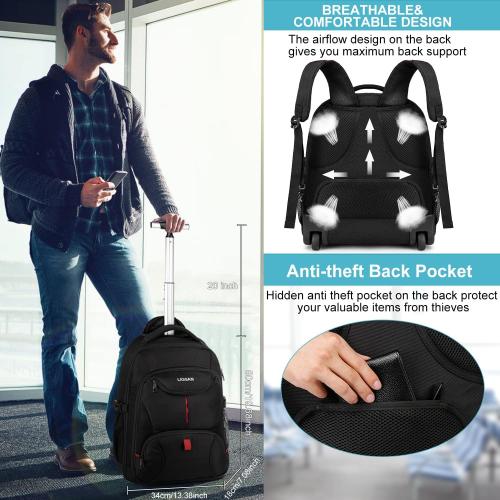 Rolling Backpack, Large Backpack with Wheels for Men Women Adults,  Waterproof Wheeled Travel Laptop Backpack Carry on Luggage Bag Trolley Suitcase Business College School Computer Bookbag,Black
