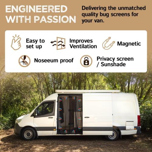 Living in a Bubble Van Bug Screen for Standard Roof Mercedes Sprinter & Ford Transit and High Roof RAM Promaster, Universal Size Side Door Flyscreen Mosquito Net, Center Magnetic Closure
