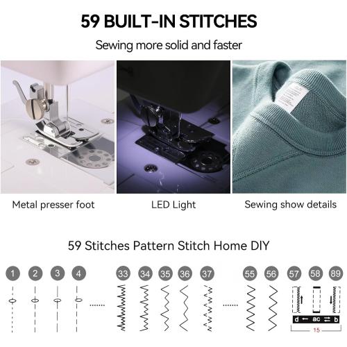 Multifunction Sewing Machines, Strong Motor with Enhanced Piercing Power, 59 Stitch Applications, Full Metal frame, Strong & Tough, with Foot Pedal, Storage Drawer, Accessory Kit