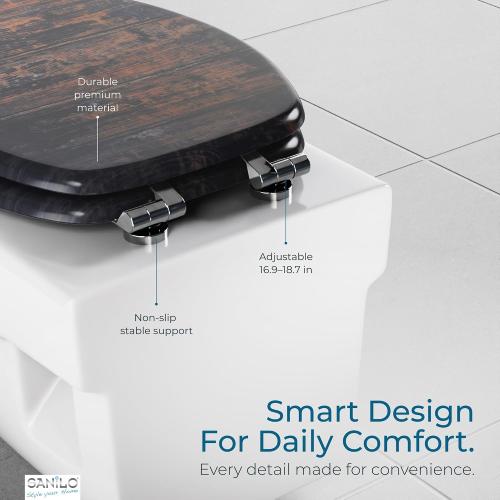 SANILO Wooden Toilet Seat with Soft Close [ELONGATED] - Decorative, Quiet & Slow Close Molded Wood Seat - With Strong Bumpers & Hinges - Adjustable Fit - Vintage