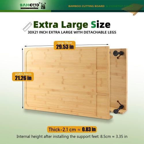 30 x 21 in Extra Large Bamboo Cutting Board, Stovetop Cover, Sink Cover, Noodle Board with Detachable Legs & Detachable Non-Slip Front Lip for Kitchen Countertop