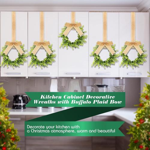 Yilloog 6 Pcs Mini Christmas Wreaths for Kitchen Cabinet 9 Small Christmas Artificial Boxwood Wreaths with Linen Bow Xmas Party Decor for Door Window Wall Farmhouse Hanging