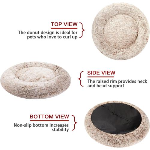 Bedfolks Calming Donut Dog Bed, 36 Inches Round Fluffy for Large Dogs, Anti-Anxiety Plush, Machine Washable (Brown, Large)