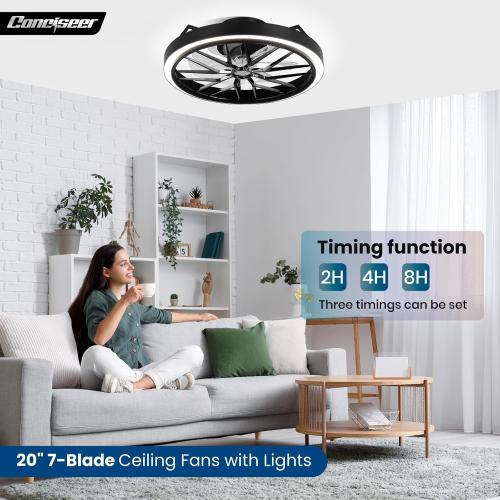 Conciseer Low Profile Ceiling Fan with Lights, 20 Inch Ceiling Fan with Light and Remote for Bedroom Living Room, 36W 3CCT Dimmable, 7 Blades 6 Speed Reversible Quiet DC Motor, LED 36W, Black