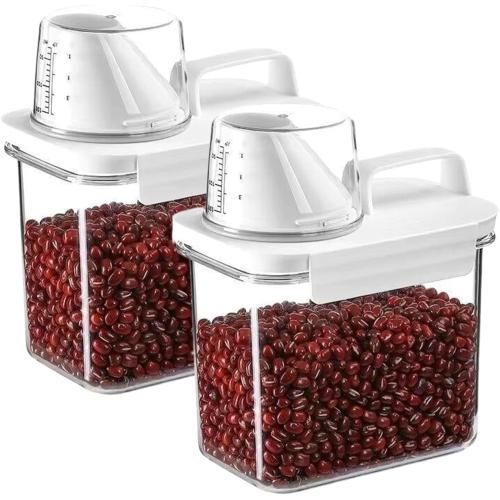 Container Sets, Rice Container, 2PCS 1100ml Airtight Cereal Storage Container with Measuring Cup & Pour Spout, Clear Plastic Rice Holder, Grain Dispenser with Handle for Flour, Sugar, Candy, Oatmeal