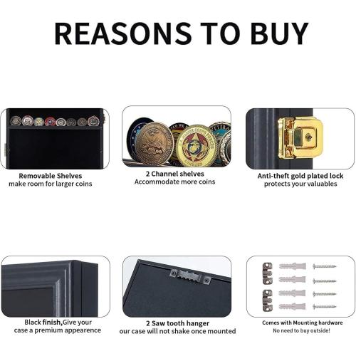 Jinchuan Military Challenge Coin Display Case Lockable Cabinet Rack Holder Shadow Box with Removable 2 Grooves Shelves and Anti Dust Door for Casino Poker Chips Collectibles, Small - Black