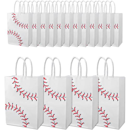 BOXOB 16pcs Baseball Gift Bags, Baseball Pattern Party Gift Candy Bags with Handle Sports Birthday Party Supplies Kraft Paper Decorations for Kids Snacks Candy Present