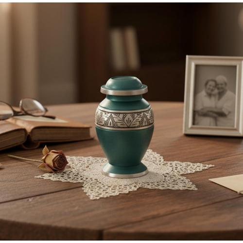 eSplanade Cremation Urn Memorials Container Jar Pot | Metal Urns | Burial Urn | Memorials Keepsake Urn (Grey Carved)