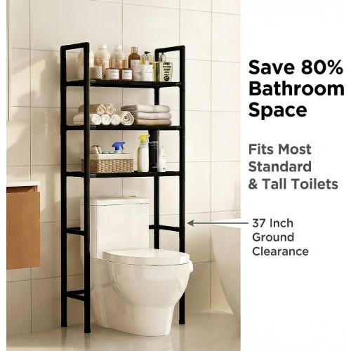 Renyqatt Over the Toilet Storage, 3-Tier Bathroom Organizer, Freestanding Above Toilet Shelf with Adjustable Feet, Space Saving, Easy Assembly, Carbon Steel Shelf, 61 H, Black