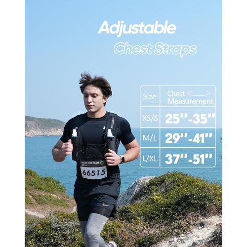 Color Black Running Vest for Women Men, USA Original Patent, Adjustable Chest Straps Running Hydration Vest with 500ml Soft Flask, Lightweight Reflective Hydration Backpack for Marathon