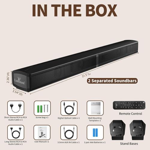 LARKSOUND 2.2 CH Soundbar for Smart TV, 2-in-1 Detachable Sound Bar for TV, Gaming Monitor, Surround Sound System, Bluetooth 5.3/HDMI-ARC/Optical/AUX Connections