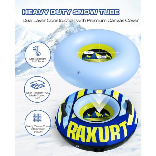 Raxurt Heavy Duty Snow Tube with Premium Canvas Cover, Inflatable Snow Sled for Kids and Adults, Thickened Bottom with Towable Pull Ring, Sledding Winter Outdoor Fun Toys