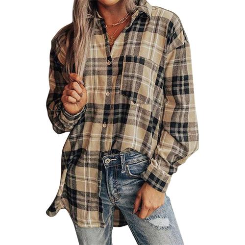Size M Womens Long Sleeve Button Down Shirt Business Collared Blouse Tops Casual Plaid Flannel Shirt with Pocket
